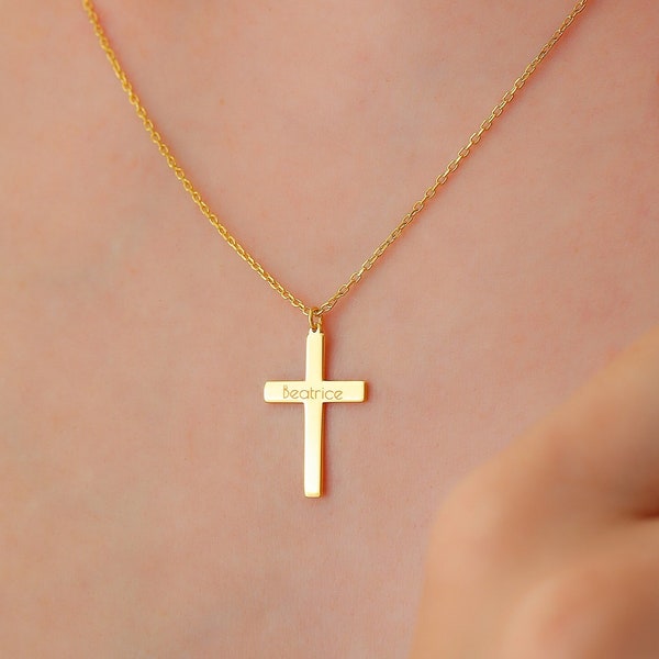 14k Solid Gold Cross Necklace, Personalized Cross Pendant, Charm Protection Choker, Christian Cross Baptism, Mother gift Christmas