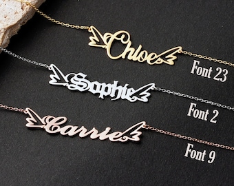 14K Solid Gold Angel Wing Necklace With Name, Personalized Custom Name Pendant, Minimalist Angel Jewelry, Memorial Baby Choker Birthday Gift