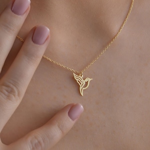 14K Solid Gold Hummingbird Necklace, Dainty Hummingbird Jewelry Gift For Her, Cute Little Hummingbird Charm, Delicate Hummingird Gift