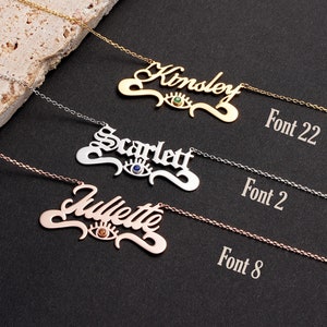 14K Solid Gold Evil Eye Name Necklace, Personalized Birthstone Name Pendant, Minimalist Evil Eye Charm, Custom Birthday Gift For Best Friend