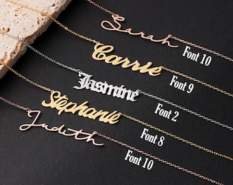 14k Solid Gold Name Necklace, Nameplated Jewelry, Personalized Name Gift, Gold Name Pendant, Custom Handwriting Carrie Necklace Christmas