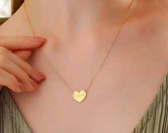 14K Solid Gold Heart Necklace For Women, Handwriting Engraved Heart Name Pendant, Personalized Heart Choker, Charm Engagement Gift For Love