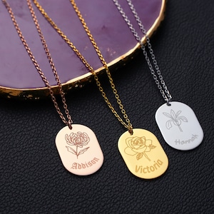 14K Solid Gold Birth Flower Necklace With Name, Birth Month Flower Pendant, Handmade Birth Flower Jewelry, Floral Disc Charm, Birthday Gift