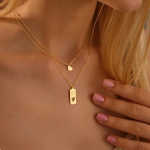 14K Solid Gold Personalized Bar Necklace, Custom Engraved Bar Tag Necklace, Dainty Personalized Necklace With Box Chain Gift For Christmas