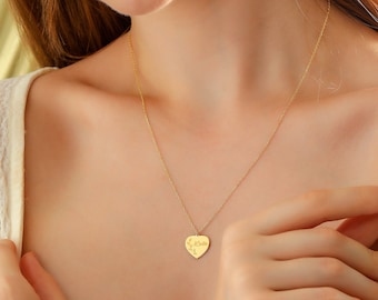 14K Solid Gold Heart Name Necklace For Women, Personalized Engraved Heart Pendant, Big Heart Charm Necklace, 1st Anniversary Gift For Wife