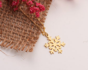 14k Solid Gold Snowflake Necklace, Charm Winter Jewelry, Minimalist Christmas Gift for Daughter, Frozen Elsa Snow Pendant, Secret Santa Gift