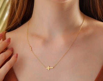14k Solid Gold Sideways Cross Necklace - Minimalist Design | Women's Jewelry for Mother's Day, Anniversary, Birthday, and Special Occasions