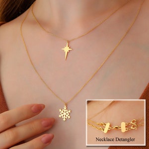 14K Solid Gold Celestial Necklaces, Minimalist Snowflake Pendant, North Star Choker, Tiny Detangler Separator Charm Best Friend Gift For Her