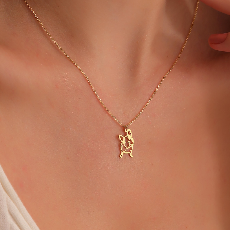 woman wearing gold plated rose gold french bullpug necklace