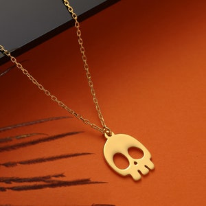 14K Solid Gold Skull Necklace, Day of The Dead Cute Skull Pendant, Halloween Gift For Her, Dainty Ghotic Skull Necklace Dia De Los Muertos