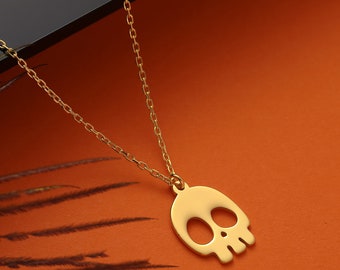 14K Solid Gold Skull Necklace, Day of The Dead Cute Skull Pendant, Halloween Gift For Her, Dainty Ghotic Skull Necklace Dia De Los Muertos
