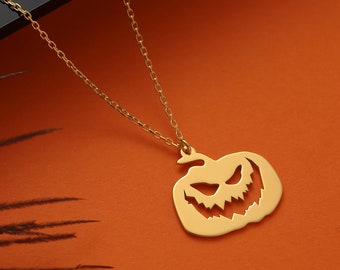 14K Solid Gold Halloween Jack-o-Lantern Necklace, Dainty Pumpkin Helloween Necklace, Trick or Treat Gift for Childeren, Cute Pumpkin Pendant