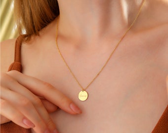 14K Solid Gold Disc Necklace, Personalized Coin With Initial Charm Pendant, Small Circle Name Disc Choker, Tiny Anniversary Gift For Her