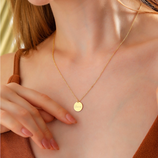 14K Solid Gold Disc Necklace, Personalized Coin With Initial Charm Pendant, Small Circle Name Disc Choker, Tiny Anniversary Gift For Her