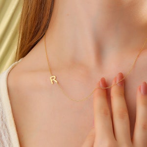 14k Solid Gold Sideways Initial Necklace, Custom Letter Pendant, Minimalist Name Initial Choker, Personalized Letter Handmade Gift for Mom image 10