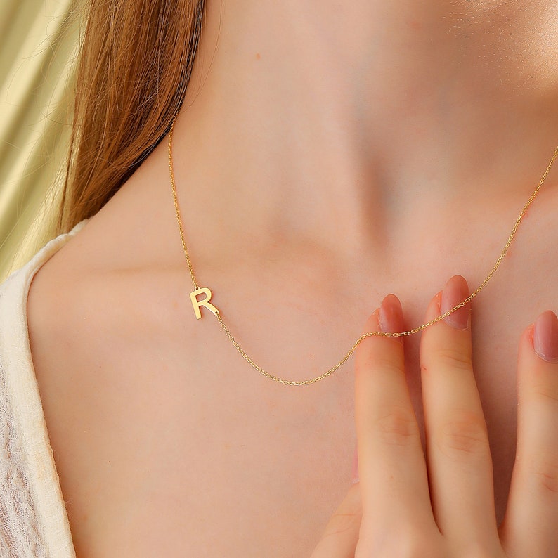 14k Solid Gold Sideways Initial Necklace, Custom Letter Pendant, Minimalist Name Initial Choker, Personalized Letter Handmade Gift for Mom image 10