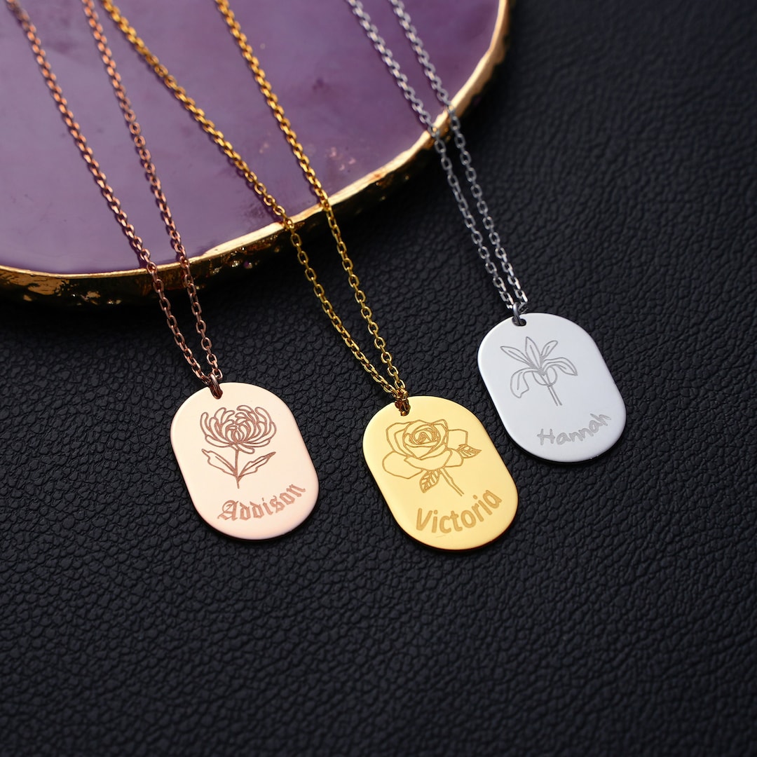 14K Solid Gold Birth Flower Necklace With Name, Birth Month Flower