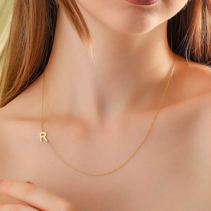 14k Solid Gold Sideways Initial Necklace, Custom Letter Pendant, Minimalist Name Initial Choker, Personalized Letter Handmade Gift for Mom image 7