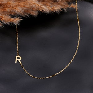 14k Solid Gold Sideways Initial Necklace, Custom Letter Pendant, Minimalist Name Initial Choker, Personalized Letter Handmade Gift for Mom image 5