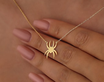 14K Gold Spider Necklace: Minimalist Halloween Charm Pendant