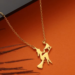 14K Solid Gold Witch Necklace, Halloween Wizard Necklace, Black Cat with Witch Necklace, Witches Broom Necklace Charm, Oz Halloween Pendant