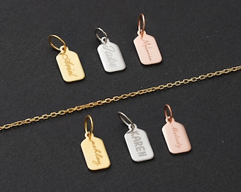 14k Solid Gold Personalized Bar Necklace Charm, Engraved Mini Tag