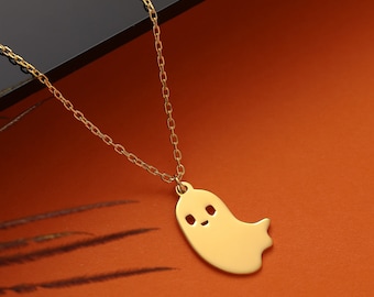 14K Solid Gold Cute Ghost Necklace, Halloween Tiny Ghost Necklace For Trick or Treat, Friendly Ghost Charm, Happy Ghost Halloween Child Gift