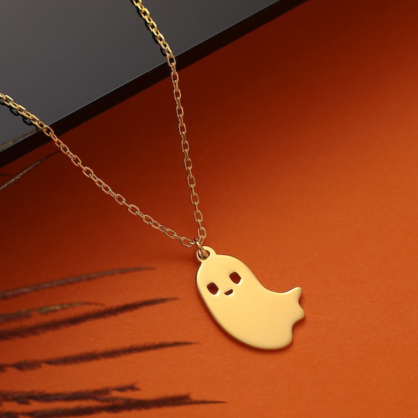 14K Solid Gold Cute Ghost Necklace, Halloween Tiny Ghost Necklace For Trick or Treat, Friendly Ghost Charm, Happy Ghost Halloween Child Gift