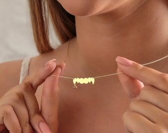 14K Solid Gold Vampire Teeth Necklace, Vampire Gift Dairies, Vampire Fang Pendant, Gothic Bite With Stone Necklace For Goth Aesthetic