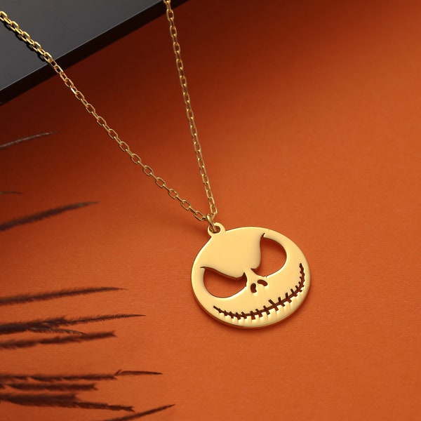 14K Solid Gold Schädel Halskette, Alptraum vor Anhänger, Weihnachten Halloween Geschenk für sie, niedlichen Cartoon Schädel, Goth Jack Skellington Anhänger