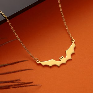 14K Solid Gold Bat Necklace, Halloween Dainty Bat Charm, Minimalist Halloween Trick or Treat Necklace Gift For Her, Spooky Bat Goth Necklace
