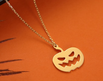 14K massief gouden Halloween-pompoenketting: lantaarnhanger