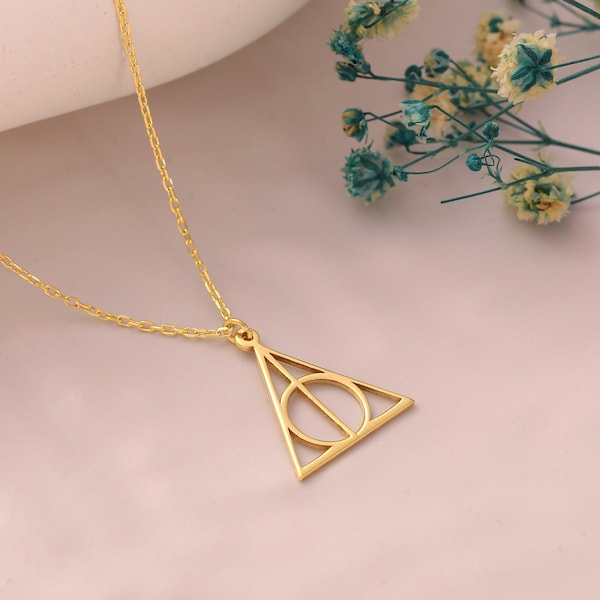 14K Solid Gold Hollows Deathly Necklace, Dainty Potter Charm, Harry Wizard Pendant, Geometric Wizard Necklace Bookworm Gift Geek Gift Idea