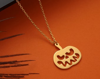 14K massief gouden schattige pompoenketting, cadeau voor goth beste vriend, gouden pompoenbedel voor Trick or Treat, minimalistische sierlijke pompoenketting