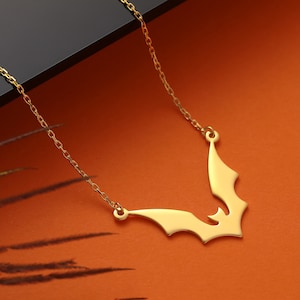 14K Solid Gold Bat Necklace, Halloween Dainty Bat Charm, Minimalist Halloween Trick or Treat Necklace Gift For Her, Spooky Bat Goth Necklace