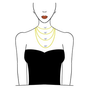 May include: A line drawing of a person wearing a black strapless dress with four gold necklaces of different lengths. The necklaces are labeled with their lengths in inches: 14", 16", 18", and 20".