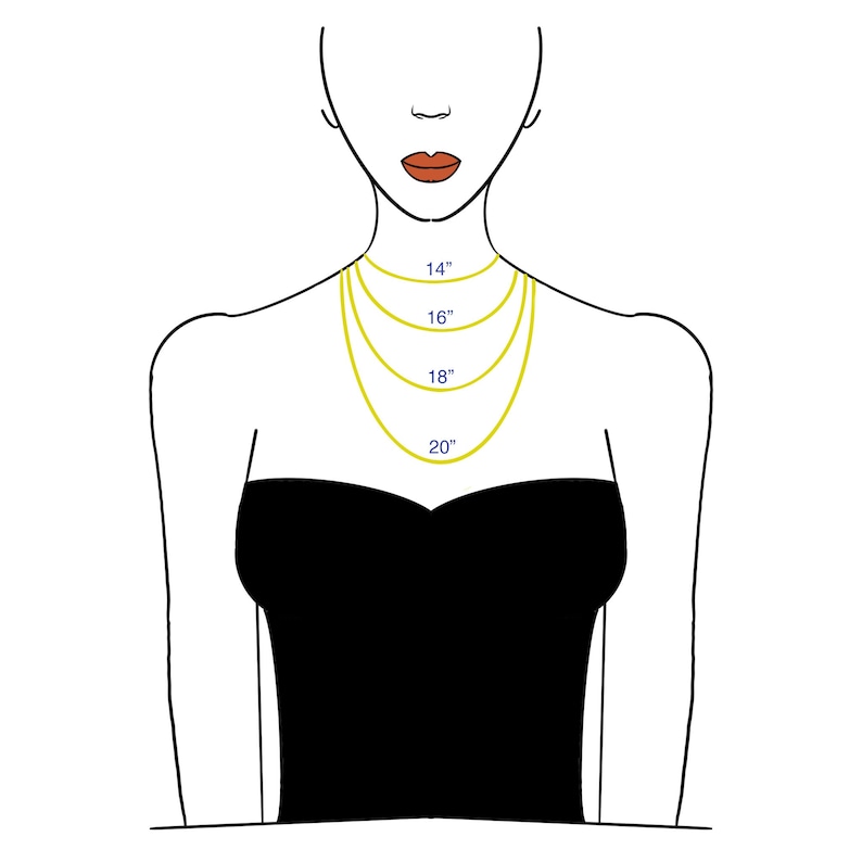 May include: A line drawing of a person wearing a black strapless dress with four gold necklaces of different lengths. The necklaces are labeled with their lengths in inches: 14", 16", 18", and 20".