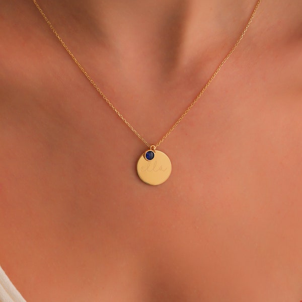 14K Solid Gold Disk With Birthstone Necklace, Handmade Valentines Day Coin Gift For Her, Initial Name Pendant, Anniversary Gemstone Choker