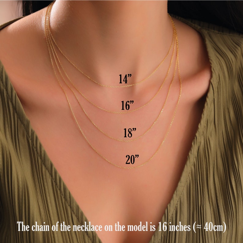 image of a model wearing different size of 14k solid gold chains to show how they would look on human body