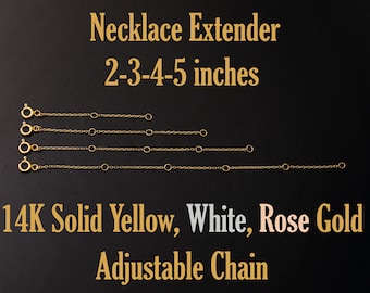 14K Solid Gold Necklace Extender, Bracelet Chain Extension, Adjustable 2, 3, 4, 5 inches Yellow, White, Rose Gold Jewelry Extender For Women