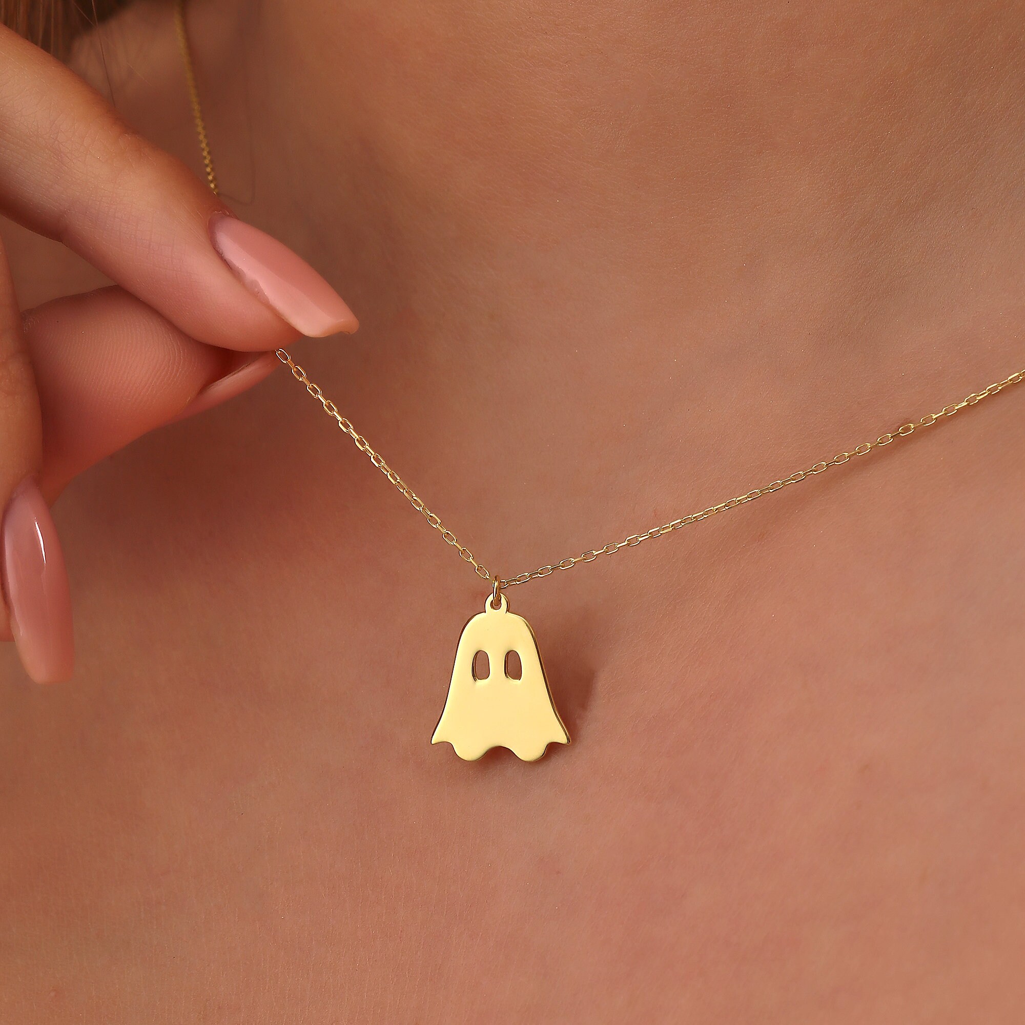 14K Solid Gold Happy Ghost Necklace, Halloween Friendly Ghost Necklace ...