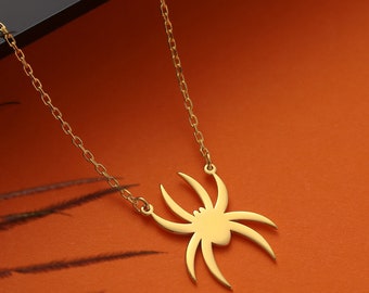 14K Solid Gold Spider Necklace, Halloween Spider Charm Gift For Childeren, Minimalist Spider Pendant, Arachnid Goth Charm Trick or Treat