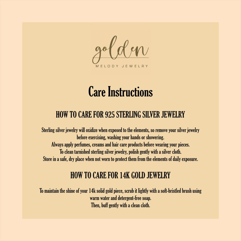 May include: Care instructions for 925 sterling silver and 14k gold jewelry. The instructions include how to clean and store the jewelry to prevent tarnishing and oxidation.