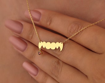 14K Solid Gold Vampire Bite Necklace, Halloween Teeth Necklace Gift For Gothic Vampire Bloody Grunge Necklace Gift Idea For Her