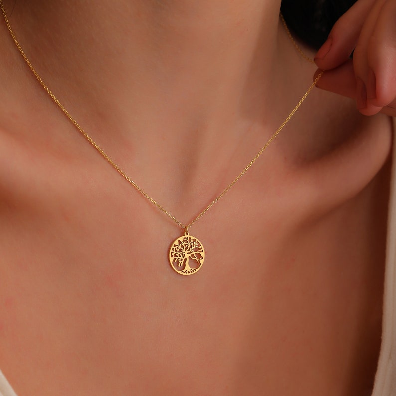 14K Solid Gold Tree Of Life Necklace For Women, Minimalist Celtic Jewelry, Family Tree Pendant, Stocking Stuffer Gift For Mom Christmas 2022 image 4
