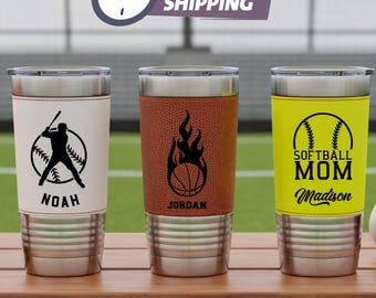 Personalized 20oz Leather Sports Tumbler, Engraved Baseball, Softball, Soccer, Basketball, Football, Volleyball Cup with Slider Lid