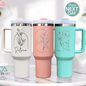 Personalized Birth Flower 40oz Tumbler with Handle and Straw, Bridesmaid Tumblers, Custom 40oz Tumbler, Birthday Gift, Mother&#39;s Day Gift
