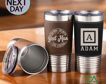 Personalized Engraved 20oz Leather Tumbler, Custom Name Tumbler, Camp Tumbler, Groomsmen Gifts, Best Man Gift, Anniversary Gifts, Dad Gifts