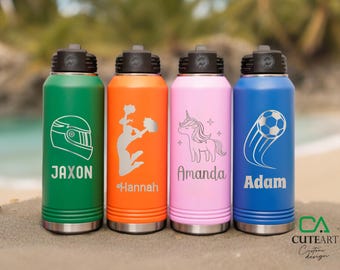 Personalized Kids Water Bottle with Straw, Family Vacation Sports Bottle, Back to School, Stainless Steel Custom Laser Engraved Water Bottle