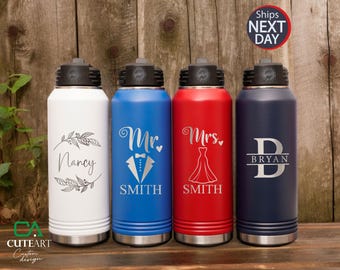 Personalized Laser Engraved Water Bottle With Custom Logo Name Text, 20oz 32oz 40oz Stainless Steel Insulated Name Water Bottle With Straw